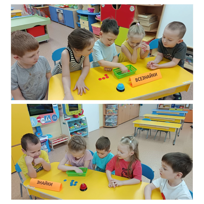 Фото 1 и 2. Участники викторины  «Что мы знаем о своей стране и о выборах?». Две команды сидят за столом (каждая команда за своим столом). На столах стоят таблички с названиями команд - "Всезнайки" и "Знайки"