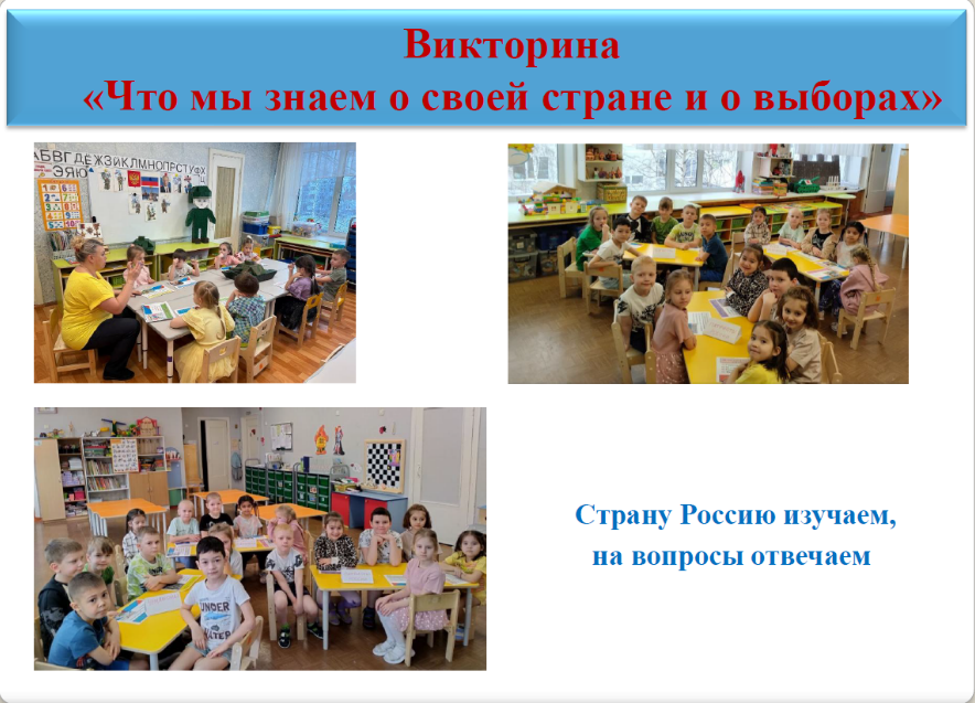 Фото 1. Коллаж из фотографий (3 фото) участников Дня молодого избирателя в группах старшего дошкольного возраста МБДОУ № 74 «Филиппок». На всех фото воспитанники детского сада сидят за партами, принимая участие в викторине «Что мы знаем о своей стране и выборах». 